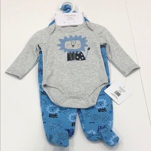 🦁 NWT Sterling Baby 3-Piece Lion Matching Set-Bodysuit Footed Pants Hat 3 Months